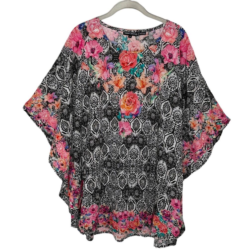 Tolani Collection Boho Printed Woven Caftan Tunic Black Floral Top Size L NWOT